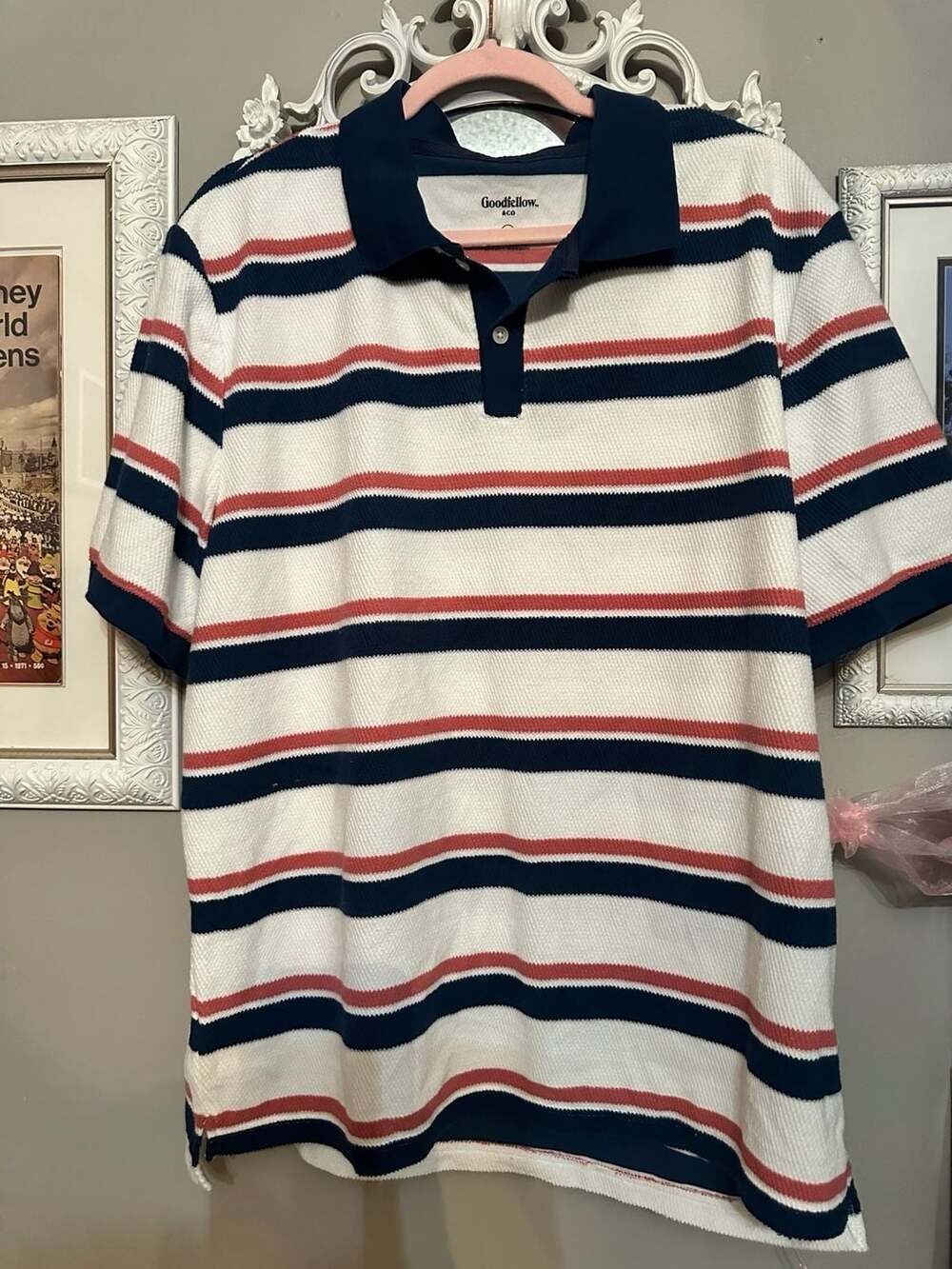 Goodfellow & Co Polo Shirt Size XL White Red Blue Striped Textured Short Sleeve